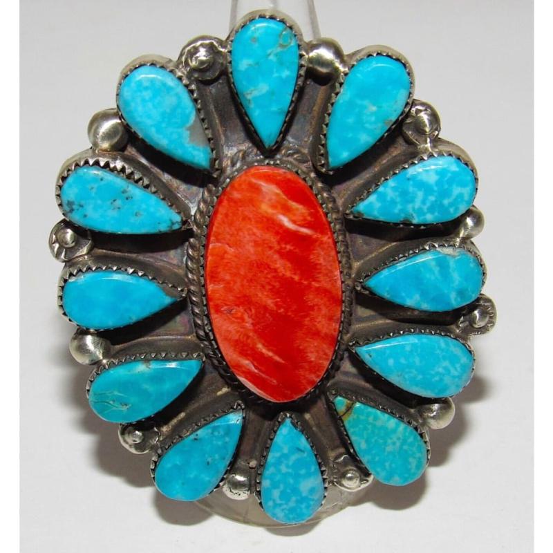 Massive Navajo Turquoise Red Spiny Cluster Ring Sz 8.5 Sterling Silver Signed (1 of 6)