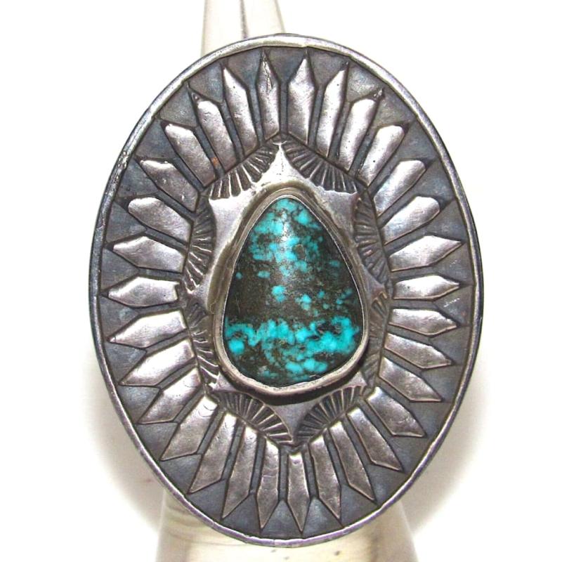 Native American Number 8 Turquoise Concho Ring Sz 7 Sterling San Felipe Signed (1 of 5)