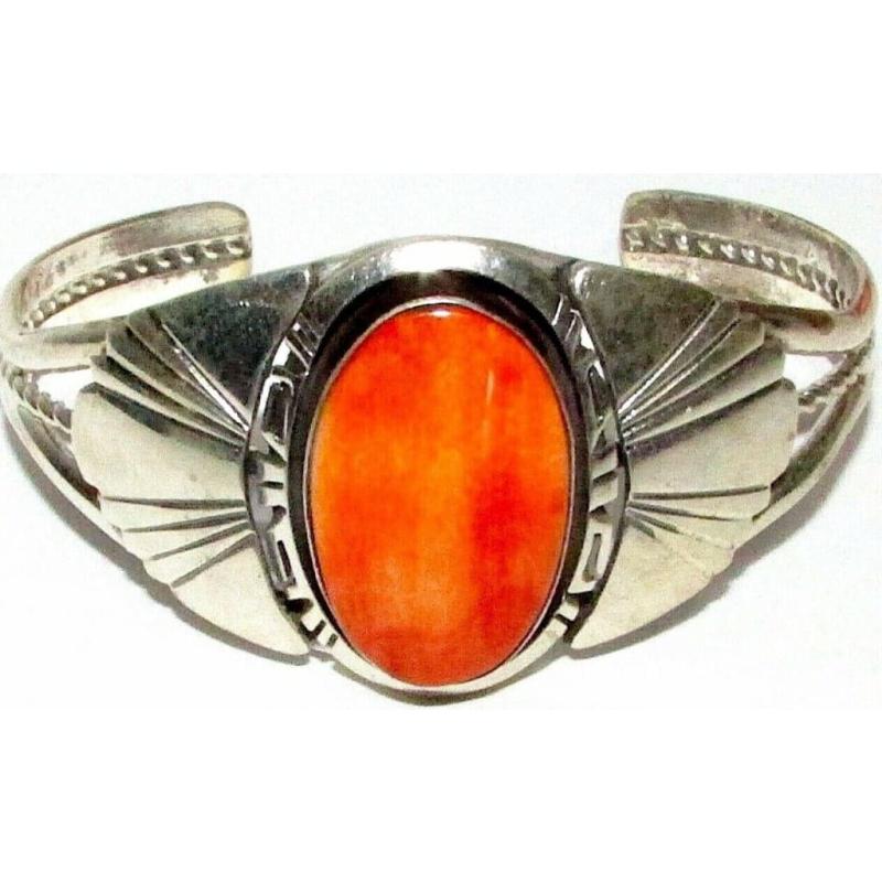 Navajo Orange Spiny Oyster Bracelet Sterling Silver Native American R. Shakey (1 of 6)