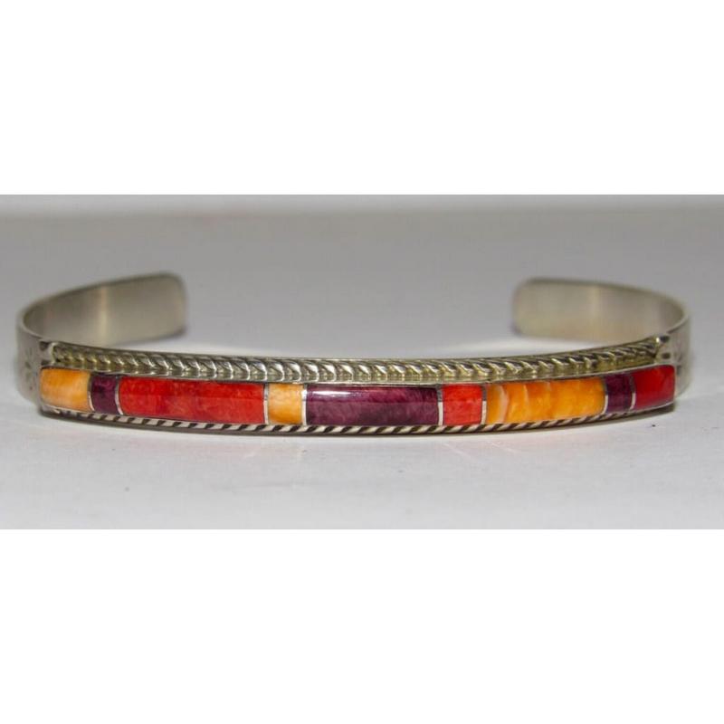 Zuni Orange Purple Red Spiny Inlay Stacker Cuff Bracelet Sterling Silver: Fab Native American Navajo sterling silver and gorgeous red, purple, and orange spiny oyster inlay cuff bracelet. Traditional inlay design in sterling silver. Great as a stacker cuff to add to your co