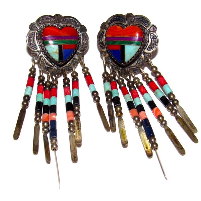 VTG Southwestern QT Sterling Concho Heart Dangle Earrings Multi Stone Inlay 2.5â€ (1 of 8)