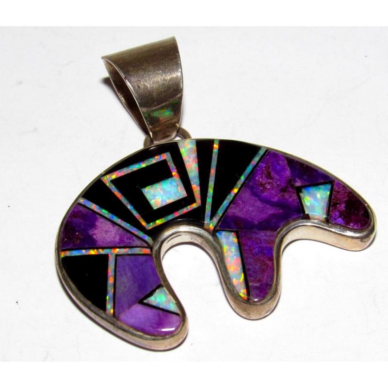 Vintage Zuni Reversible Bear Pendant Sugilite Opal Inlay Sterling Silver (1 of 5)