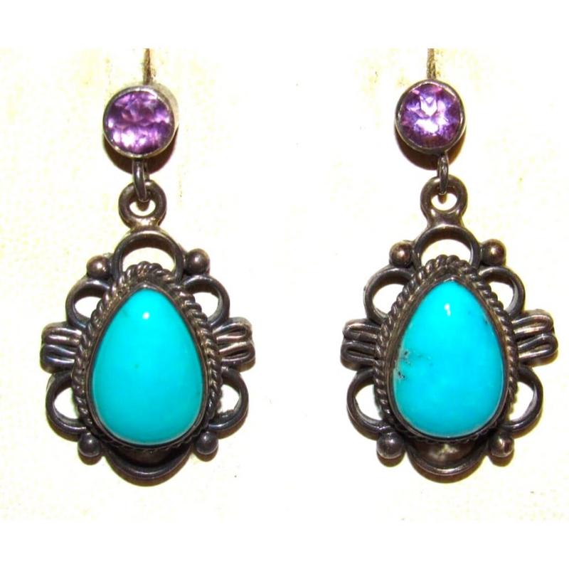 VTG Southwestern Turquoise Amethyst Dangle Earrings 925 Sterling Silver (1 of 4)