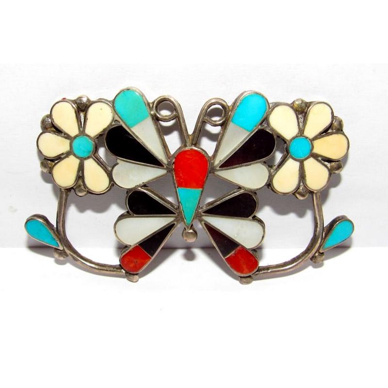 Old Pawn Zuni Butterfly Pin Pendant Turquoise Jet Coral Sterling Silver (1 of 3)