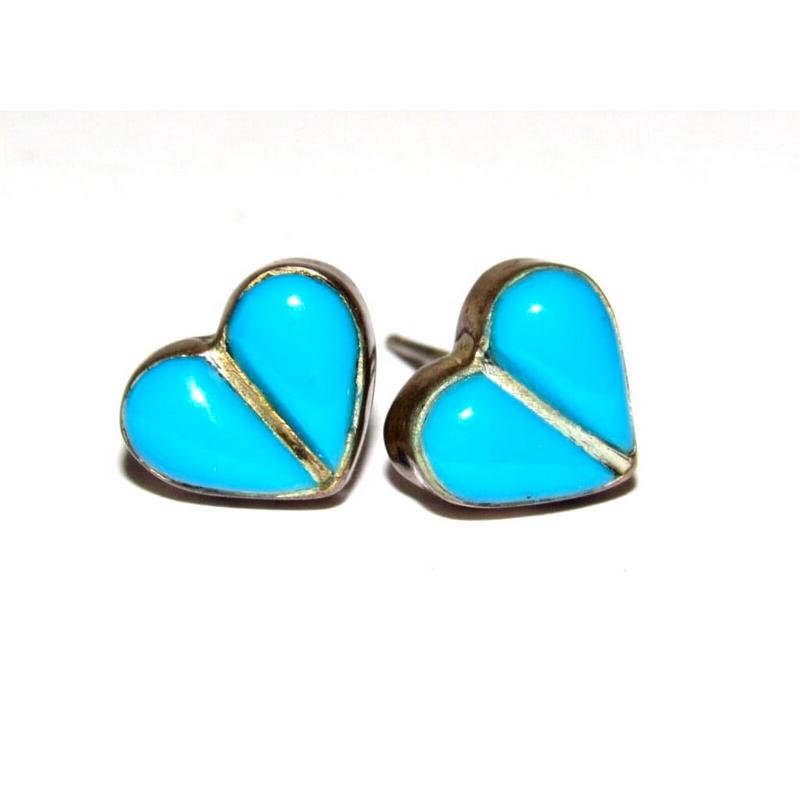VTG Zuni Turquoise Inlay Heart Earrings Sterling Silver Posts Native (1 of 3)