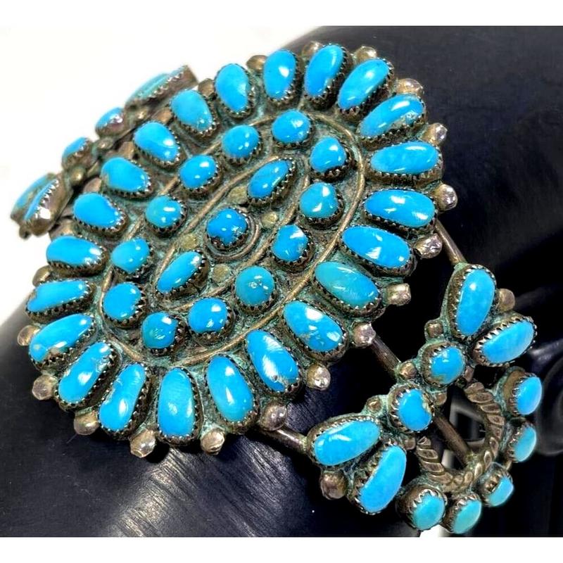 Old Pawn Zuni Leonard & Lula Weebothee Turquoise Silver Cluster Cuff Bracelet (1 of 5)