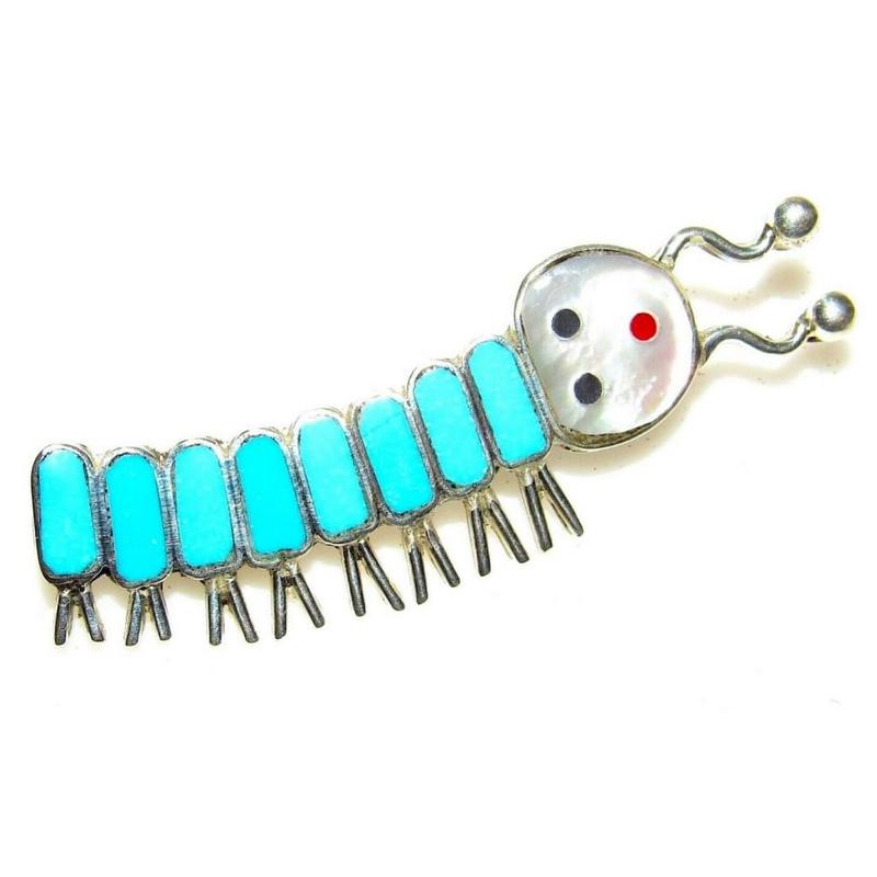 Zuni Caterpillar Pin Brooch Sterling Silver Turquoise Coral Mother of Pearl: For your consideration is this exquisite, collectible Zuni sterling silver and turquoise stone inlay caterpillar brooch/pin including coral, jet and mother of pearl. The pin features an intricately ha