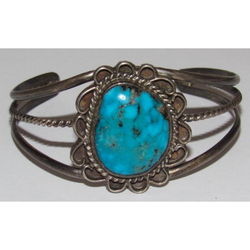 Old Pawn Navajo Turquoise Cuff Bracelet Sterling Silver Old Pawn Blossom Design (1 of 6)
