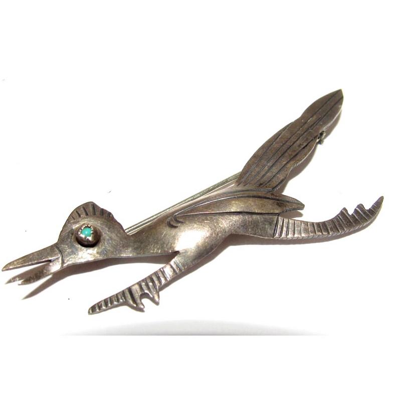Old Pawn Navajo Roadrunner Turquoise Sterling Silver Brooch Pin (1 of 4)