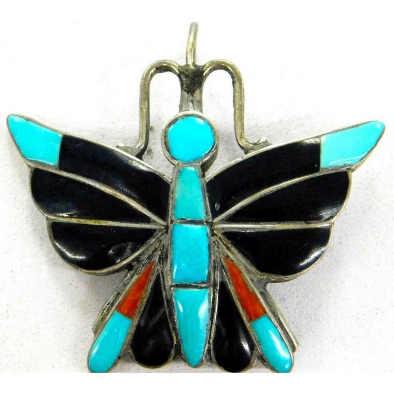 VTG Zuni Howard Esalio Butterfly Pin Pendant Turquoise Jet Coral Sterling (1 of 4)
