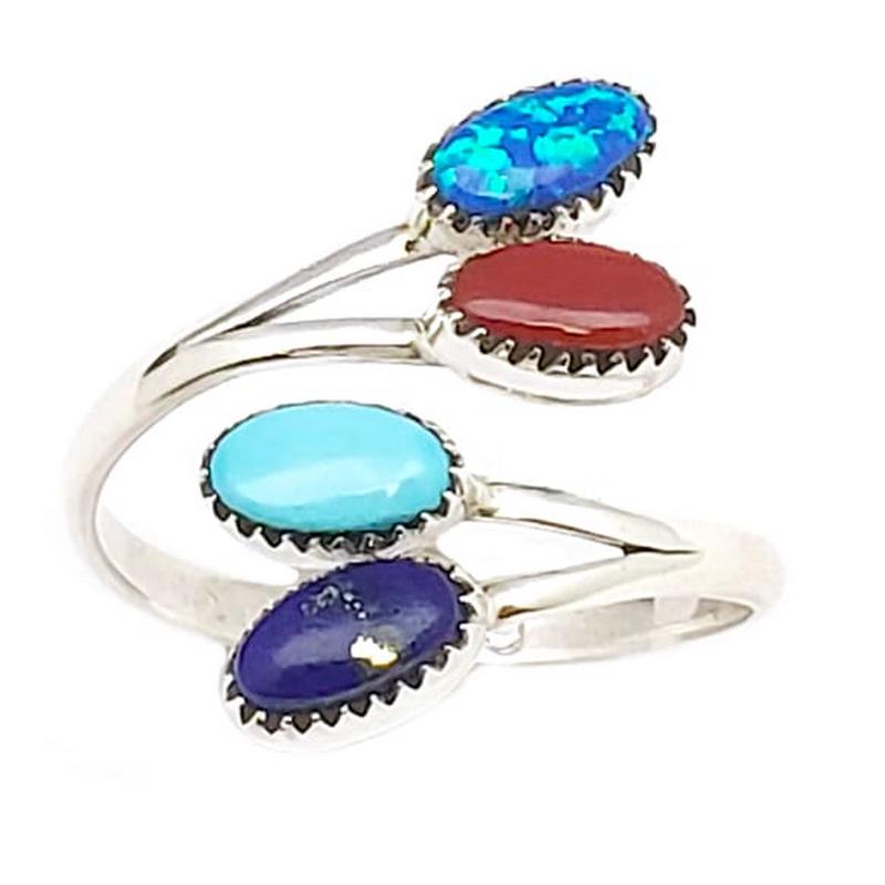 Zuni Turquoise Coral Lapis Opal Bypass Ring Sze 9 Adjustable (1 of 5)
