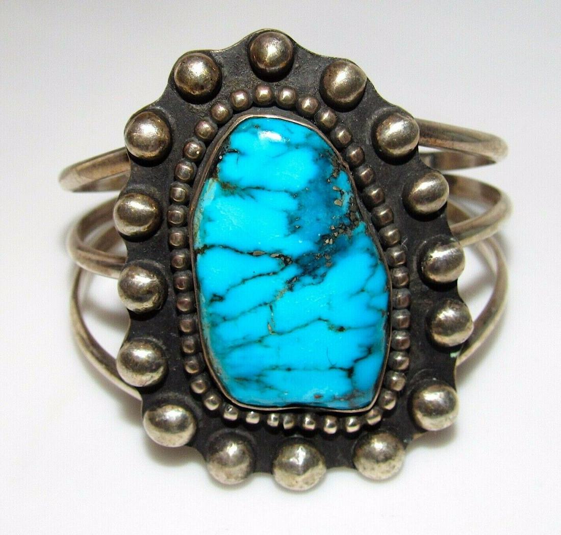 VTG Huge Navajo Sterling Kingman Turquoise Statement Cuff Bracelet Old Pawn 7" (1 of 5)