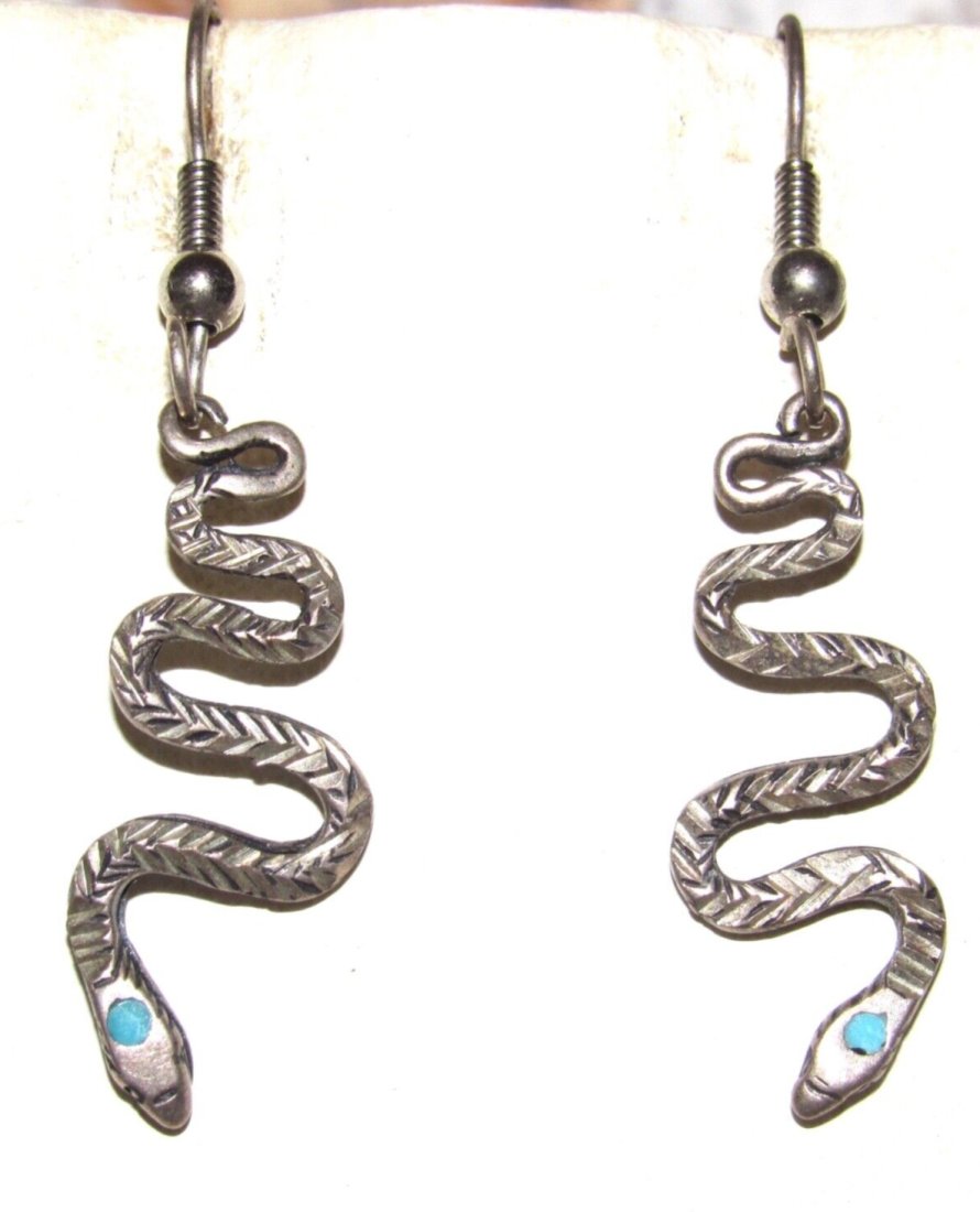 VTG Zuni Snake Dangle Earrings Sterling Silver Turquoise Inlay (1 of 4)