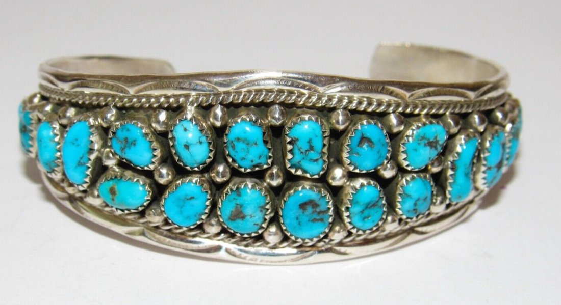 Navajo Kingman Turquoise Cuff Cluster Bracelet Sterling Silver Signed (1 of 7)