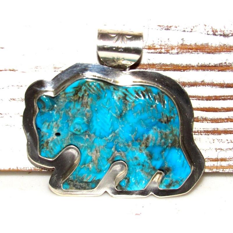 Navajo Carved Turquoise Bear Pendant Sterling Silver Native American Signed (1 of 5)