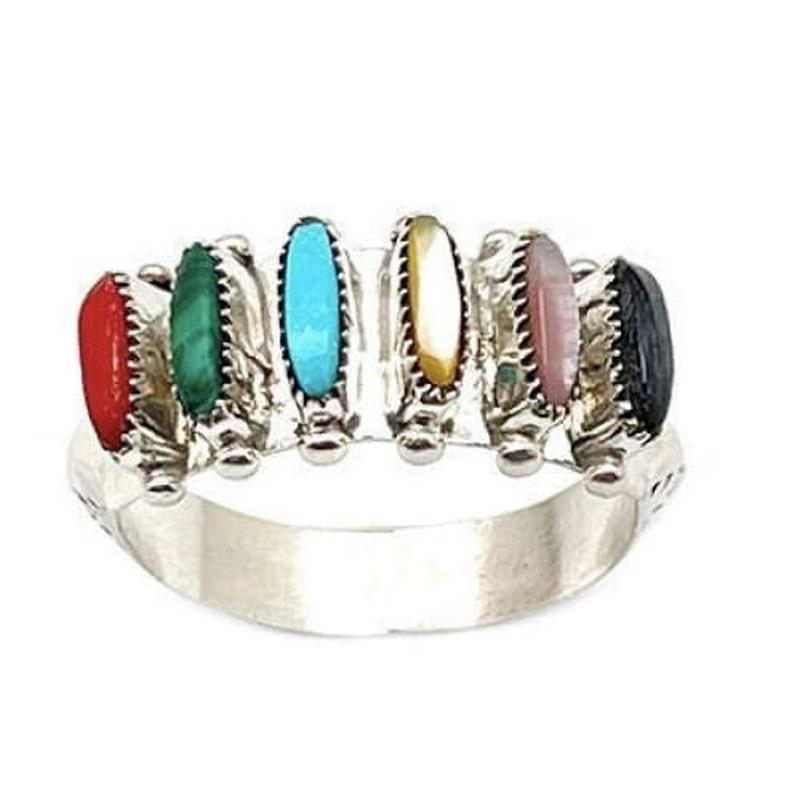 Zuni Sterling Silver Turquoise Coral Malachite Needlepoint Design Cluster Ring Size 7 Collectible (1 of 3)