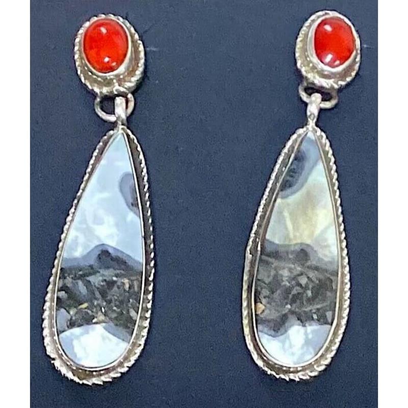 Navajo Coral & Zebra Jasper Dangle Earrings Sterling Silver P. Yazzie (1 of 4)