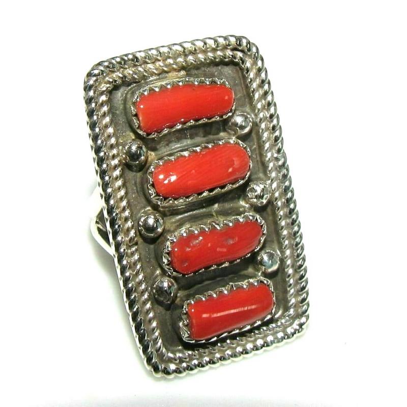 Navajo Coral Ring Size 8 Sterling Silver Signed Native American (1 of 5)