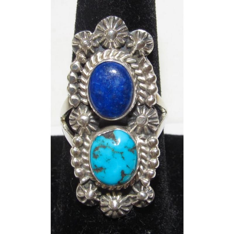 Navajo Kingman Turquoise & Lapis Statement Ring Sz 8 Sterling Silver Signed (1 of 5)
