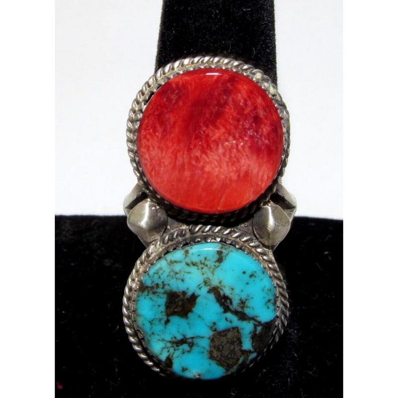 Navajo Kingman Turquoise & Red Spiny Statement Ring Sz 9 Sterling Silver Signed (1 of 5)