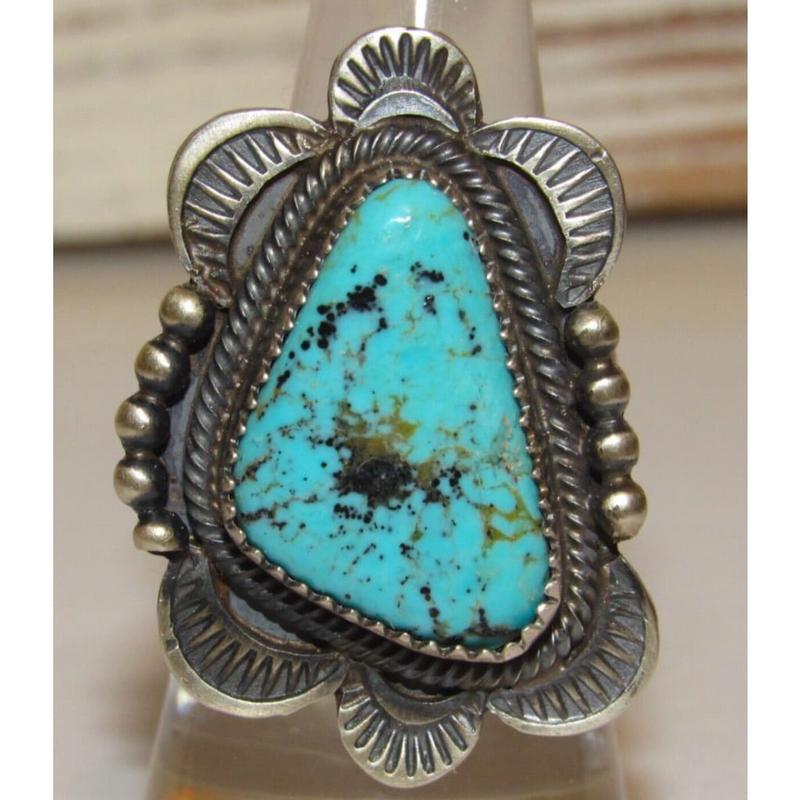 Navajo Number 8 Turquoise Adjustable Ring Sz 7 Sterling Silver Native J Long (1 of 6)