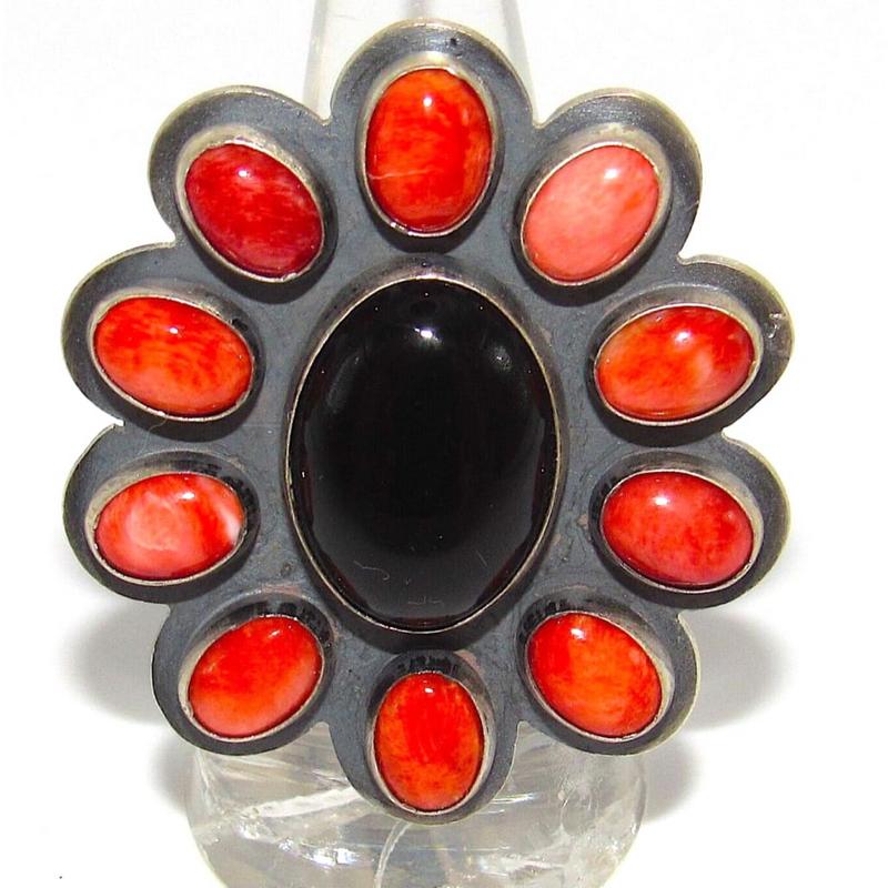 Navajo Onyx Orange Spiny Cluster Ring Sz 8 Sterling Silver Jeanette Platero (1 of 5)