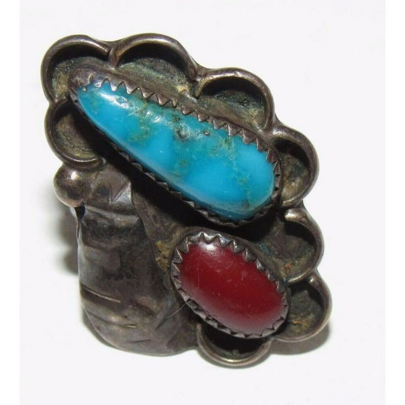 Old Pawn Navajo Sterling Turquoise Coral Statement Ring Size 7 Native American (1 of 4)