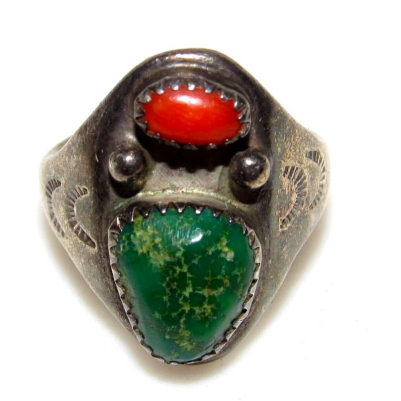 Vintage Navajo Cerrillos Turquoise Coral Ring Size 10 Rose Castillo Draper (1 of 5)