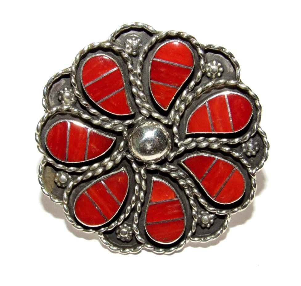 Large Zuni Coral Inlay Statement Ring Sz 8 Faye Lowsayatee Sterling Silver (1 of 5)