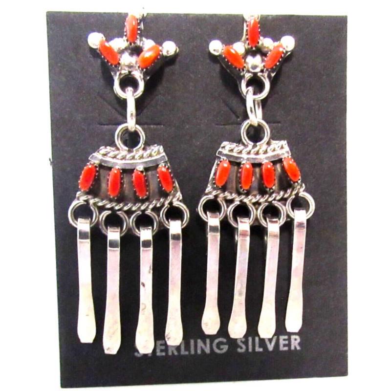 Zuni Mediterranean Coral Dangle Earrings Sterling Silver Native American (1 of 3)