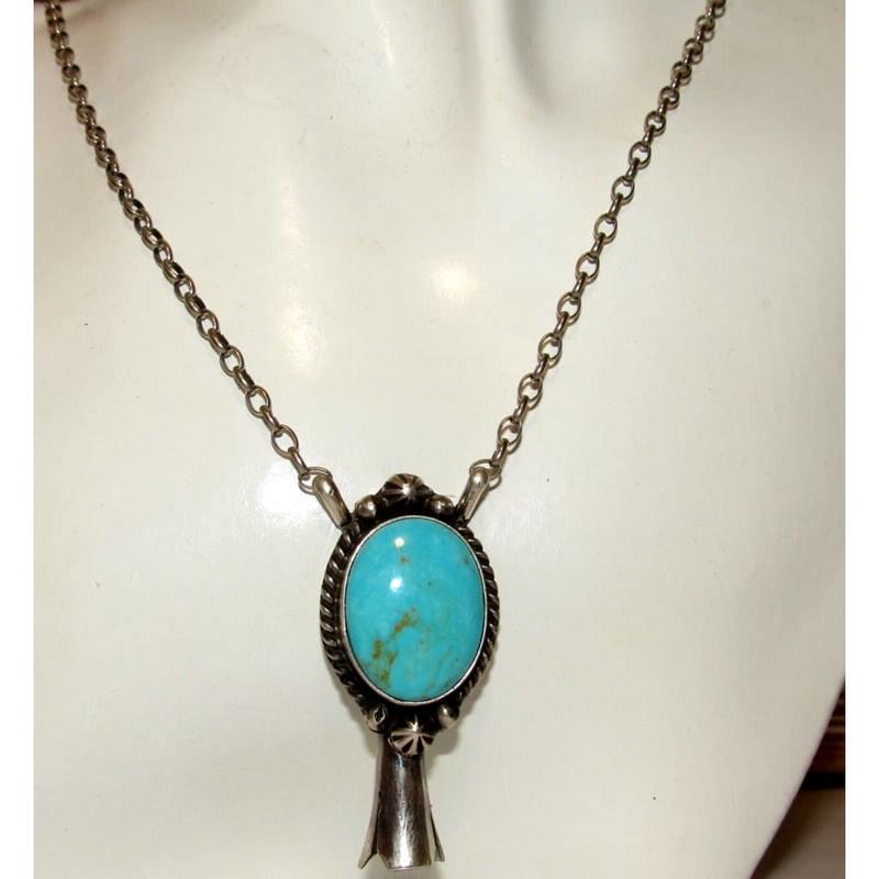Navajo Royston Turquoise Squash Blossom Necklace Sterling Silver 20"l