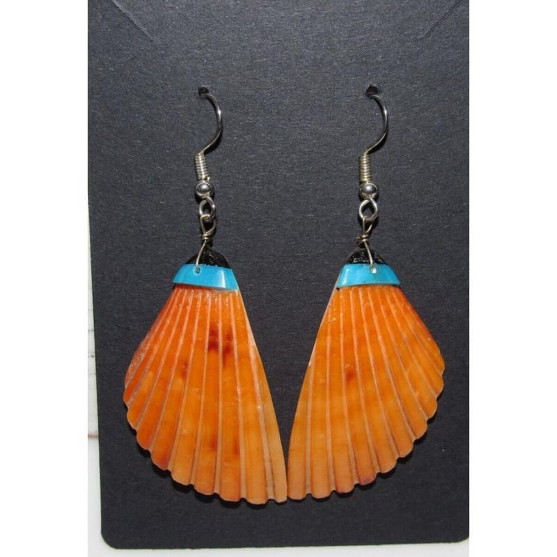 Santo Domingo Orange Spiny Oyster Shell Slab Earrings Silver Wire Turquoise Jet (1 of 6)