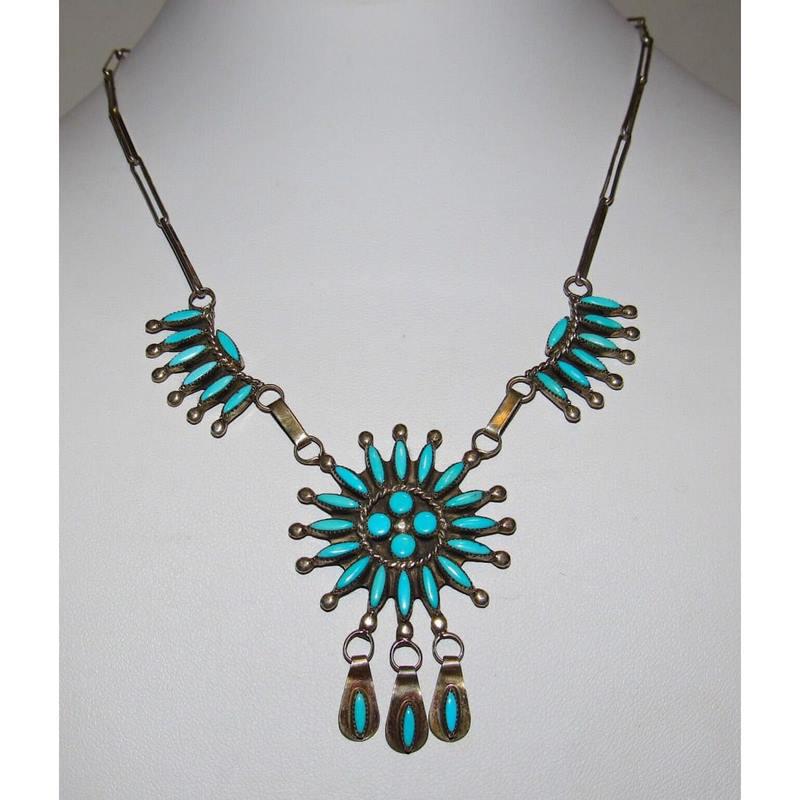 VTG Zuni Petit Point Turquoise Necklace w Dangles Sterling Silver (1 of 7)