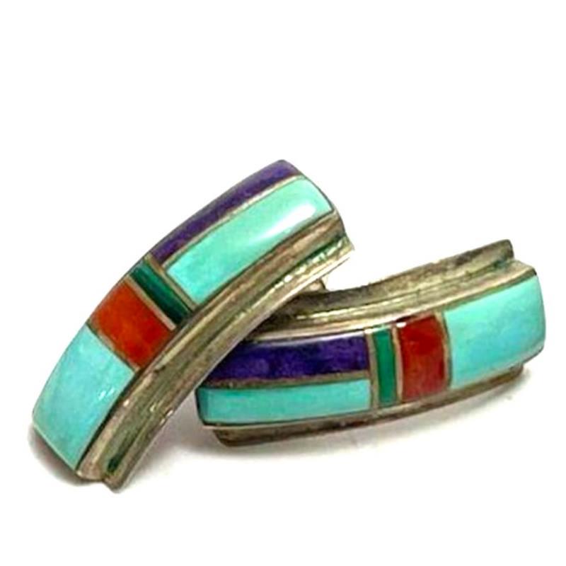 Navajo Turquoise Inlay Hoop Earrings Coral Sugilite Sterling Silver Vintage: For your consideration is a pair of these stunning small vintage Navajo sterling silver, turquoise, coral & sugilite inlay hoop earrings. The earrings measure about 3/4" long and are stamped "sterling