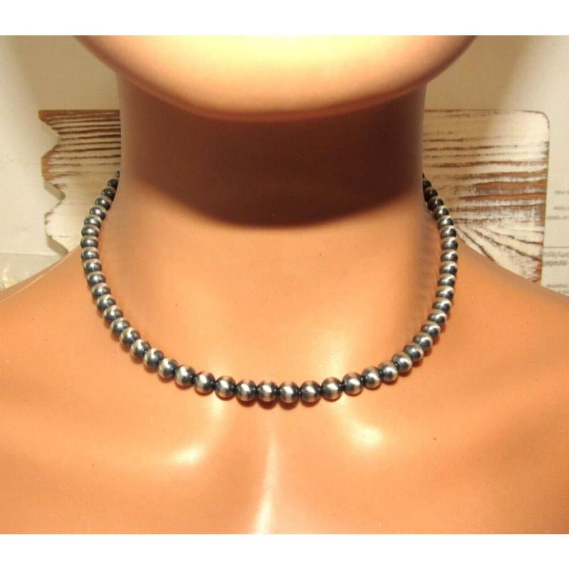 Navajo Pearls Necklace Sterling Silver 6mm Beads Necklace 16"L Choker m Lee: Classic Navajo pearls necklace with 6mm sterling silver beads design by the Navajo artist M. Lee. Lobster clasp closure. Measures 16" long. Gorgeous, elegant & timeless necklace that is sure to comple