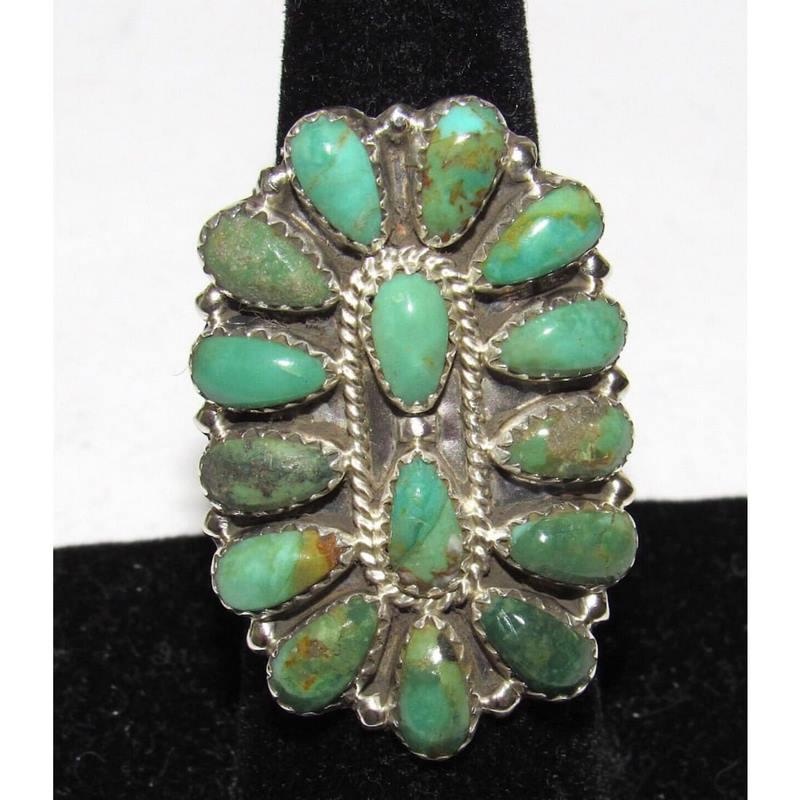 Navajo Green Turquoise Cluster Ring Sz 7 Sterling Silver Native Signed (1 of 5)