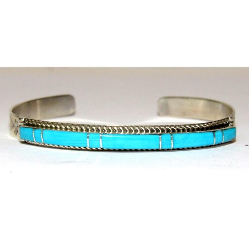 Navajo Turquoise Inlay Stacker Cuff Bracelet Sterling Native American Signed (1 of 8)