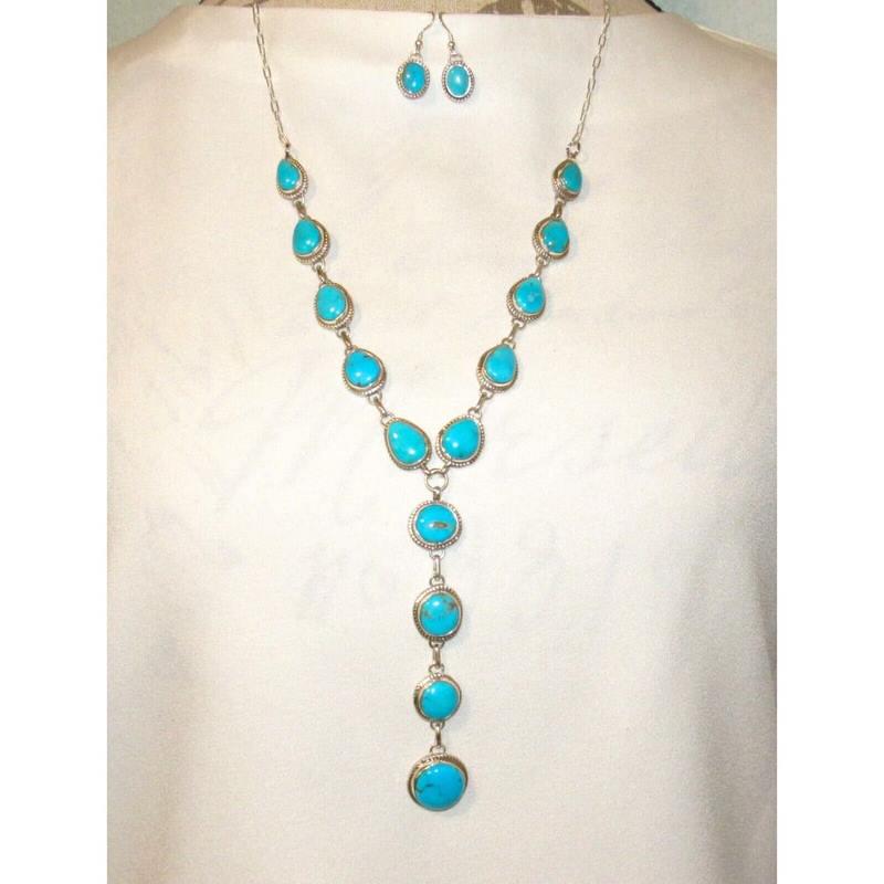 Navajo Royston Turquoise Lariat Necklace Earrings Set Sterling Silver M. James (1 of 6)