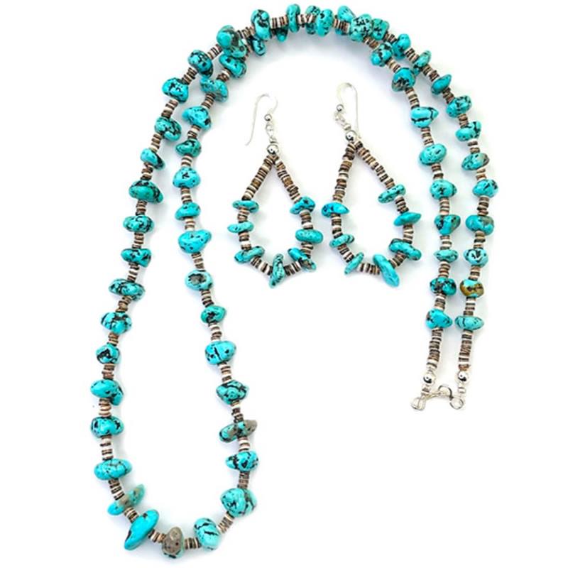 Navajo Kingman Turquoise Heishi Necklace Earrings Set Sterling Silver N.Garcia (1 of 3)