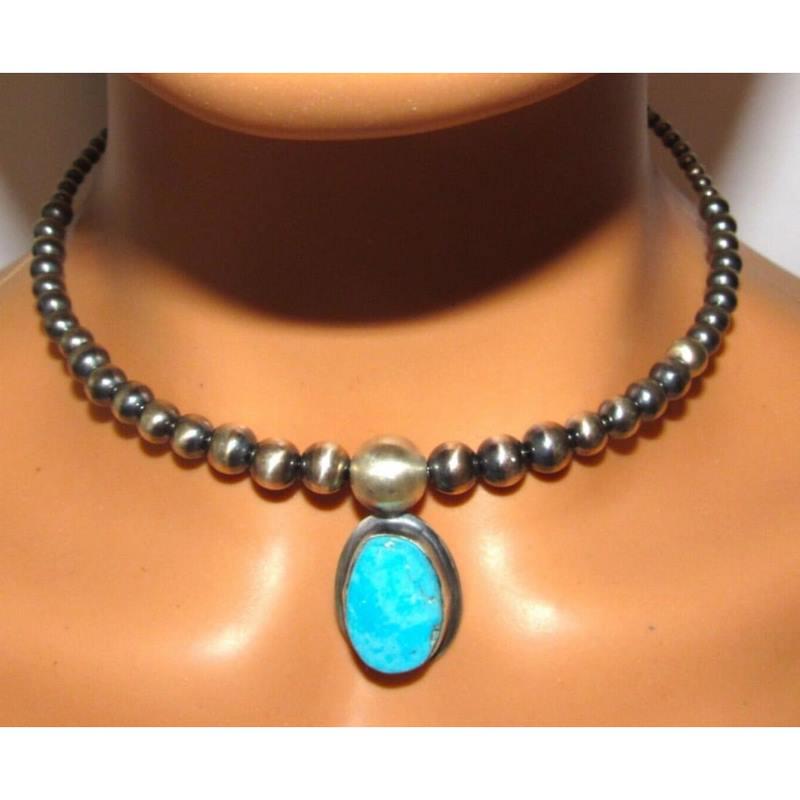 Navajo Pearls Adjustable Choker Necklace Sterling Silver Royston Turquoise (1 of 6)