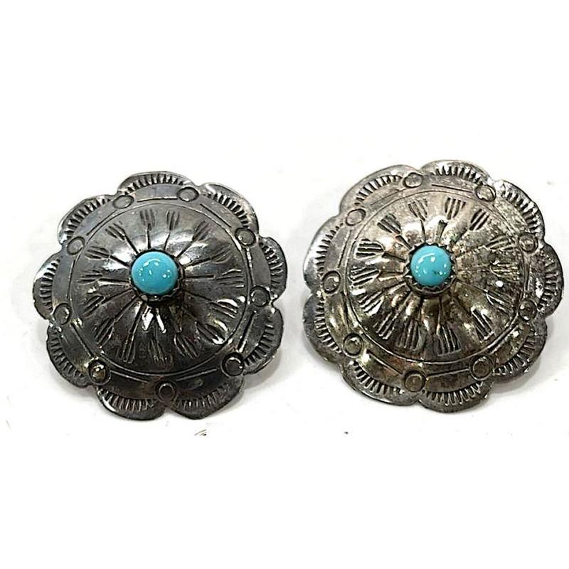 VTG Navajo Turquoise Concho Post Earrings Sterling Silver Old Pawn (1 of 4)