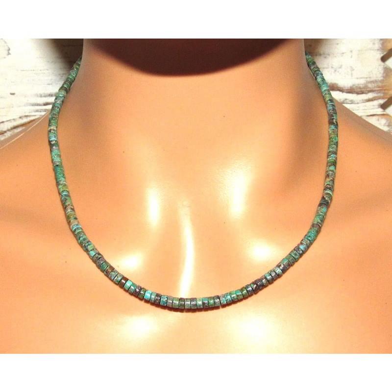 Navajo Rolled Turquoise Heishi Choker Necklace Native American 18L: Stunning Navajo Kingman turquoise small rolled heishi beads choker necklace with sterling silver clasp. Measures about 18" long. Rolled turquoise bead color and matrix vary slightly. Gorgeous, elegant