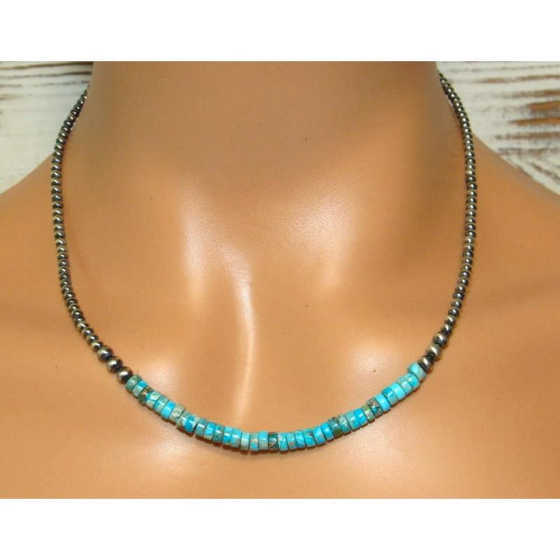 Navajo Pearls Necklace Sterling Silver Kingman Turquoise Native American (1 of 4)