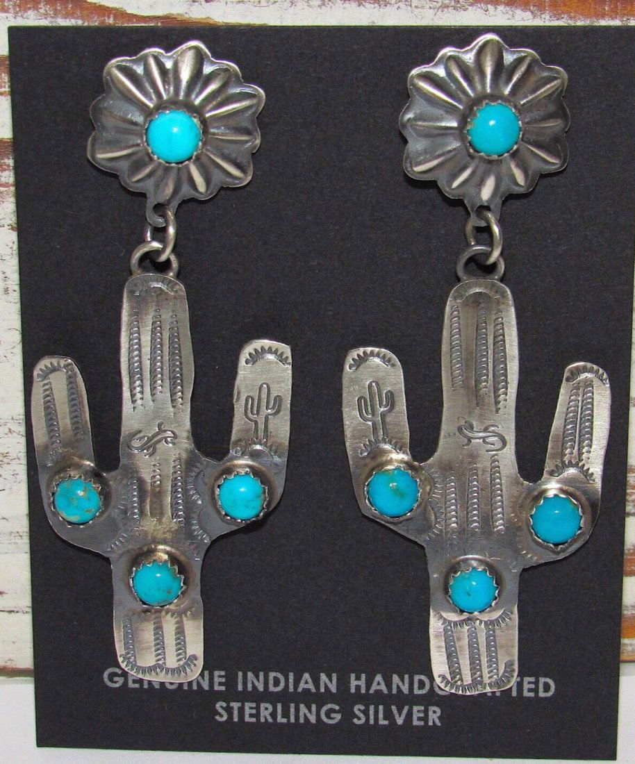 Navajo Saguaro Cactus Earrings Sterling Silver Turquoise Concho Earrings (1 of 1)