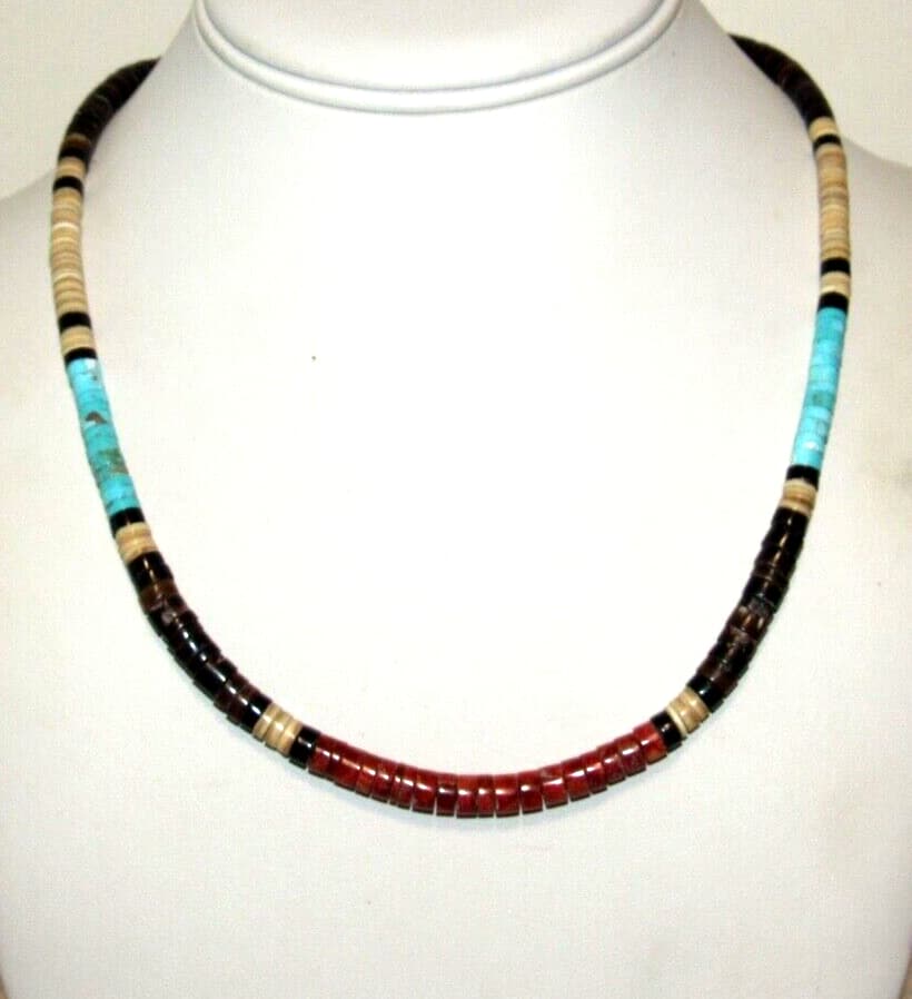 Santo Domingo Rolled Pen Shell Orange Coral & Turquoise Heishi Necklace 18"L: Stunning Santo Domingo pen shell, coral & Kingman turquoise rolled heishi beads choker necklace with sterling silver clasp by the Santo Domingo artist Jeanette Calabaza. Measures about 18" long. Gorge