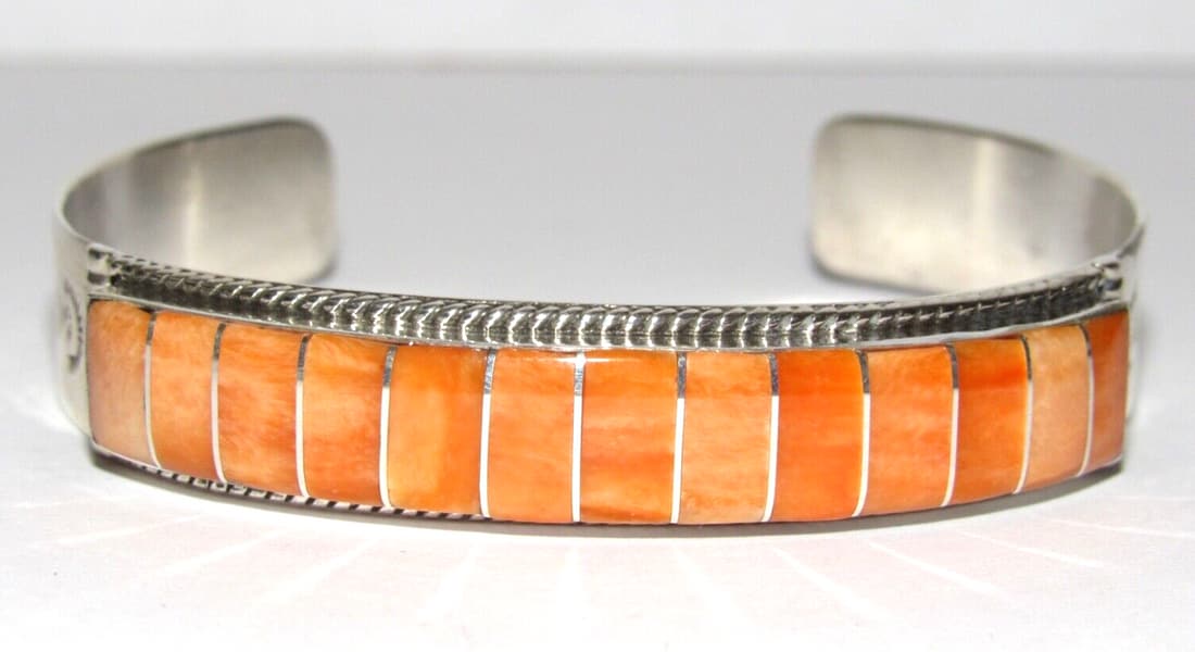 Zuni Orange Spiny Inlay Stacker Cuff Bracelet Sterling Native American Signed (1 of 5)