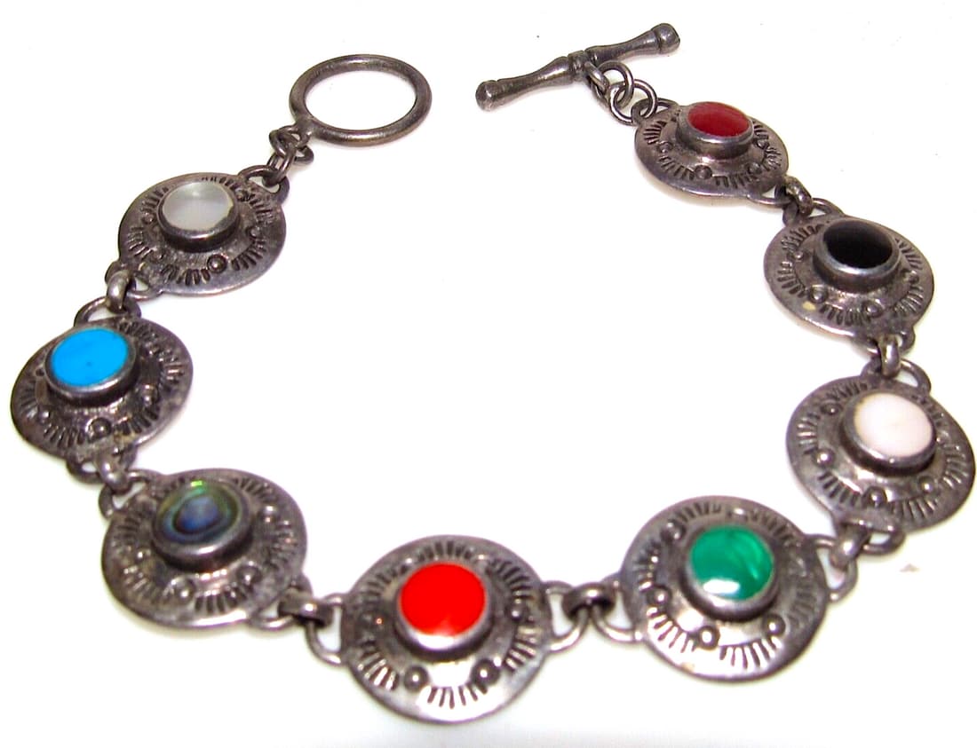 Mexican 925 Sterling Silver Multi Color Link Bracelet (1 of 6)