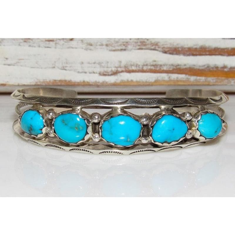 Navajo Kingman Turquoise Stacker Cuff Bracelet Sterling Silver Native Signed (1 of 6)