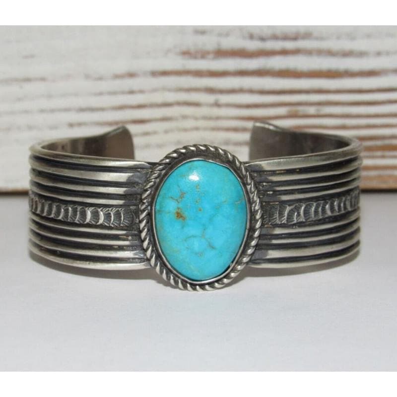 Navajo E. Hale Tufa Cast Sterling Silver Cuff Bracelet Kingman Turquoise 7" 93G (1 of 7)