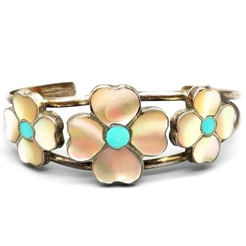 Old Pawn Zuni Flower Inlay Bracelet Turquoise Sterling Silver Cuff Native (1 of 4)